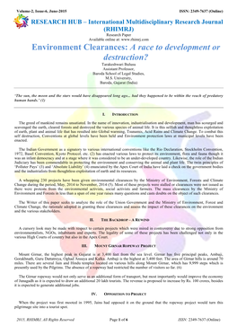 Environment Clearances: a Race to Development Or Destruction? Tarakeshwari Bulusu Assistant Professor, Baroda School of Legal Studies, M.S