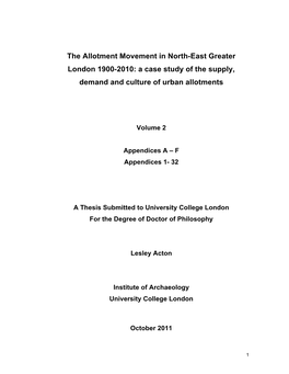 The Allotment Movement in North-East Greater London 1900-2010: a Case Study of the Supply, Demand and Culture of Urban Allotments