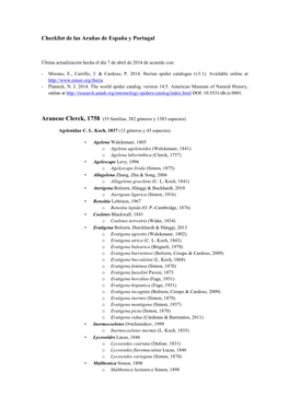 Checklist De Las Arañas De España Y Portugal