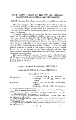 Some Indian Spiders of the Fai\1Ilies Ctenidae, Sparassidae, Selenopidae and Clubionidae