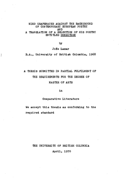 Niko Grafenauer Against the Background of Contemporary European Poetry and a Translation of a Selection of His Poetry Entitled Condition