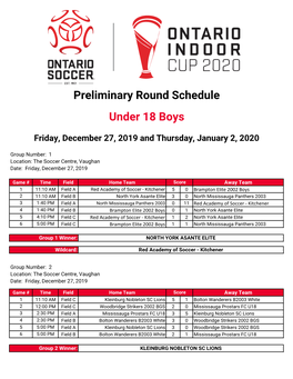 Preliminary Round Schedule Under 18 Boys