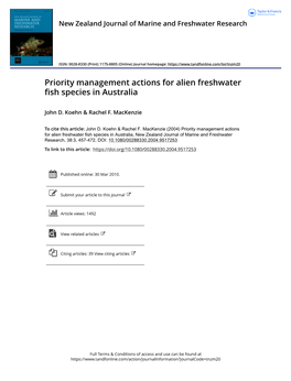 Priority Management Actions for Alien Freshwater Fish Species in Australia