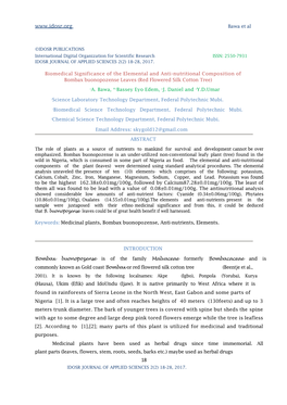 Biomedical Significance of the Elemental and Anti-Nutritional Composition of Bombax Buonopozense Leaves (Red Flowered Silk Cotton Tree)