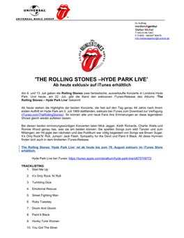 THE ROLLING STONES –HYDE PARK LIVE’ Ab Heute Exklusiv Auf Itunes Erhältlich