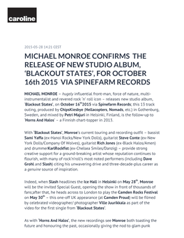 MICHAEL MONROE CONFIRMS the RELEASE of NEW STUDIO ALBUM, 'BLACKOUT STATES', for OCTOBER 16Th 2015 VIA SPINEFARM RECORDS