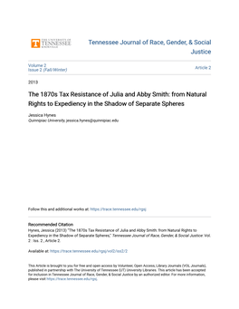 The 1870S Tax Resistance of Julia and Abby Smith: from Natural Rights to Expediency in the Shadow of Separate Spheres