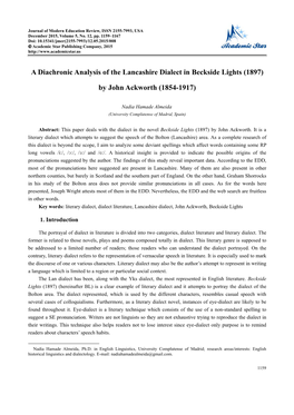 A Diachronic Analysis of the Lancashire Dialect in Beckside Lights (1897)