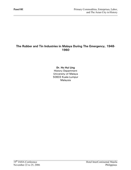 The Rubber and Tin Industries in Malaya During the Emergency, 1948- 1960