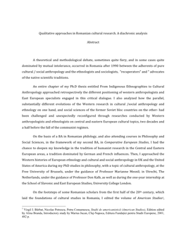 Qualitative Approaches in Romanian Cultural Research. a Diachronic Analysis Abstract a Theoretical and Methodological