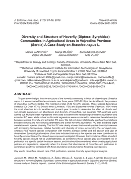 Diversity and Structure of Hoverfly (Diptera: Syrphidae) Communities in Agricultural Areas in Vojvodina Province (Serbia) a Case Study on Brassica Napus L