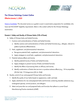 The Chinese Herbology Content Outline Effective January 1, 2020