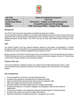 Job Title Head of Football Development Hours of Work Full