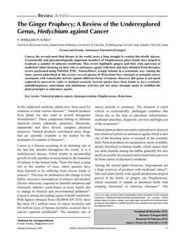 A Review of the Underexplored Genus, Hedychium Against Cancer