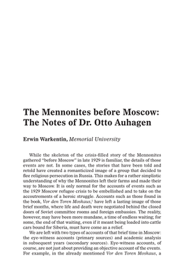 The Mennonites Before Moscow: the Notes of Dr. Otto Auhagen