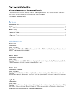 Northwest Collection Creators List.Pdf