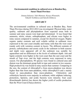 Environmental Condition in Cultured Area at Bandon Bay, Surat Thani Province