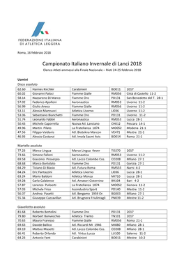 Atleti Ammessi Alla Finale Nazionale – Rieti 24-25 Febbraio 2018