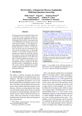 HOTPOTQA: a Dataset for Diverse, Explainable Multi-Hop Question Answering Zhilin Yang*♠ Peng Qi*♥ Saizheng Zhang*♣ Yoshua Bengio♣♦ William W