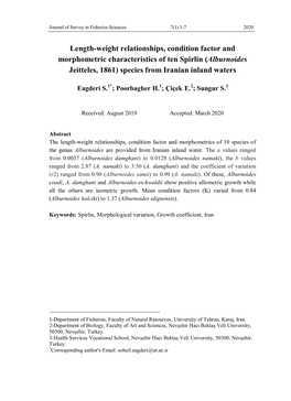 Length-Weight Relationships, Condition Factor and Morphometric Characteristics of Ten Spirlin (Alburnoides Jeitteles, 1861) Species from Iranian Inland Waters