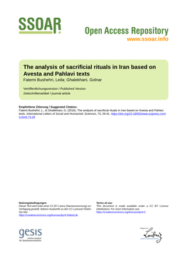 The Analysis of Sacrificial Rituals in Iran Based on Avesta and Pahlavi Texts Fatemi Bushehri, Leila; Ghalekhani, Golnar