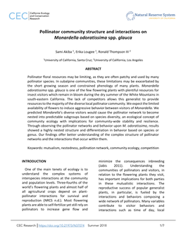 Pollinator Community Structure and Interactions on Monardella Odoratissima Spp