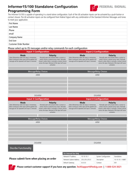 Informer15/100 Standalone Configuration Programming Form the Informer15/100 Is Capable of Operating in a Stand-Alone Configuration