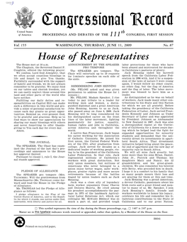 Congressional Record United States Th of America PROCEEDINGS and DEBATES of the 111 CONGRESS, FIRST SESSION