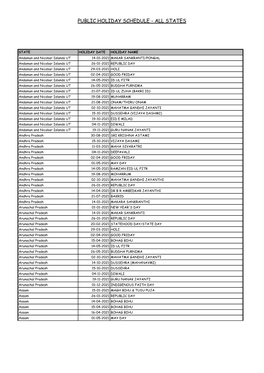 Public Holiday Schedule - All States