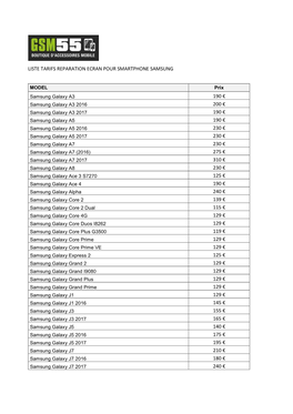 Liste Tarifs Reparation Ecran Pour Smartphone Samsung