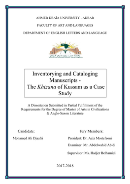 Inventorying and Cataloging Manuscripts - the Khizana of Kussam As a Case Study