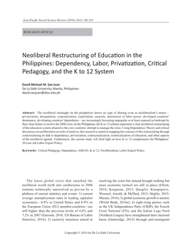 Neoliberal Restructuring of Education in the Philippines: Dependency, Labor, Privatization, Critical Pedagogy, and the K to 12 System