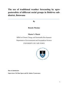 The Use of Traditional Weather Forecasting by Agro- Pastoralists of Different Social Groups in Bobirwa Sub- District, Botswana