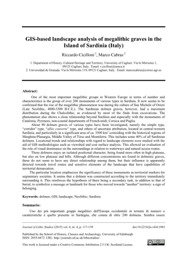 GIS-Based Landscape Analysis of Megalithic Graves in the Island of Sardinia (Italy) Riccardo Cicilloni 1, Marco Cabras 2