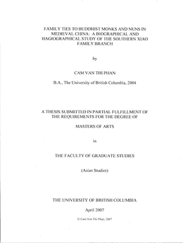 Family Ties to Buddhist Monks and Nuns in Medieval China: a Biographical and Hagiographical Study of the Southern Xiao Family Branch