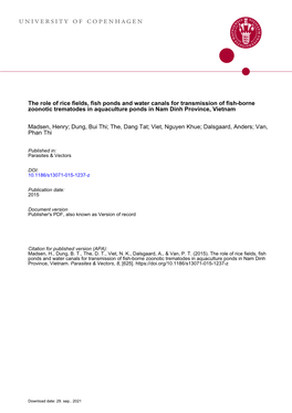 The Role of Rice Fields, Fish Ponds and Water Canals for Transmission of Fish-Borne Zoonotic Trematodes in Aquaculture Ponds in Nam Dinh Province, Vietnam