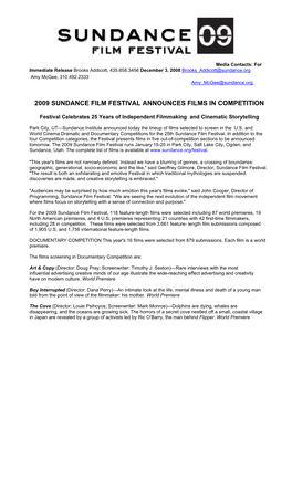 2009 Sundance Film Festival Announces Films in Competition