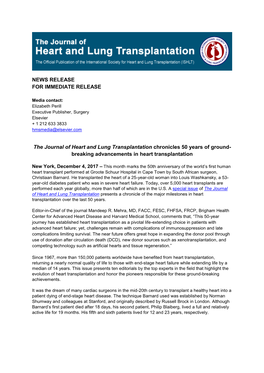 NEWS RELEASE for IMMEDIATE RELEASE the Journal of Heart And