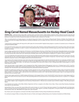 Greg Carvel Named Massachusetts Ice Hockey Head Coach AMHERST, Mass