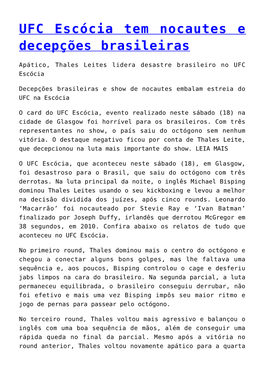 UFC Escócia Tem Nocautes E Decepções Brasileiras