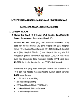 (21 FEBRUARI 2021) 1. LAPORAN HARIAN A. Status Kes Covid-19 Di