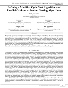 Defining a Modified Cycle Sort Algorithm and Parallel Critique with Other Sorting Algorithms (GRDJE/ Volume 5 / Issue 5 / 001)