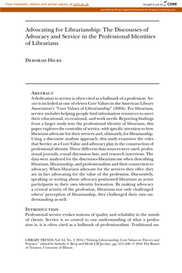 The Discourses of Advocacy and Service in the Professional Identities of Librarians