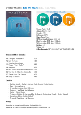 Dexter Wansel Life on Mars Mp3, Flac, Wma