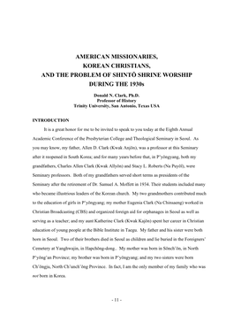 AMERICAN MISSIONARIES, KOREAN CHRISTIANS, and the PROBLEM of SHINTŌ SHRINE WORSHIP DURING the 1930S