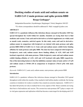 Docking Studies of Usnic Acid and Sodium Usnate on SARS Cov-2 Main Protease and Spike Protein RBD Roopa Guthappa*