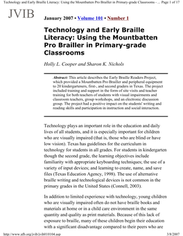 Technology and Early Braille Literacy: Using the Mountbatten Pro Brailler in Primary-Grade Classrooms -