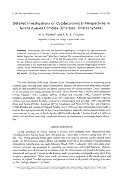 Detailed Investigations on Cytotaxonomical Perspectives in Nitella Hyalina Complex (Charales: Charophyceae)