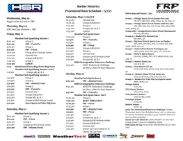 Barber Historics Provisional Race Schedule – 5/7/21