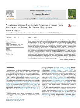A Ceratopsian Dinosaur from the Late Cretaceous of Eastern North America, and Implications for Dinosaur Biogeography